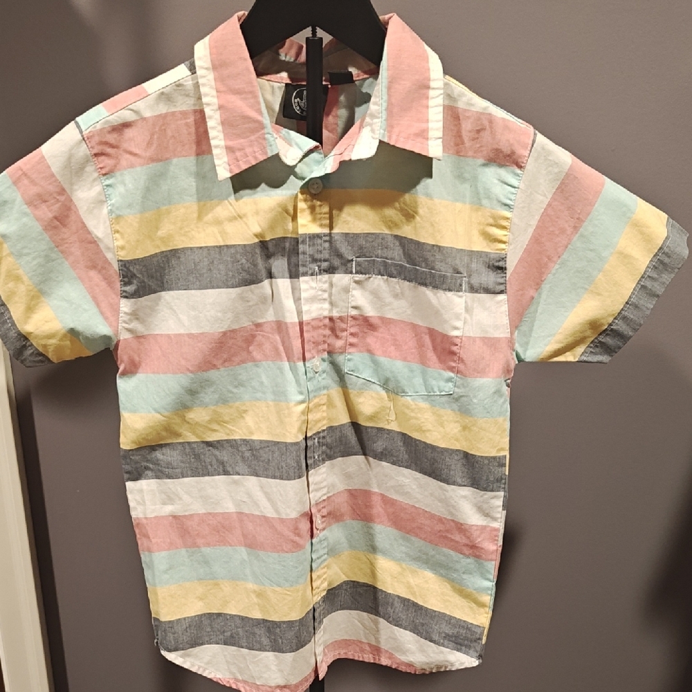 Kids' Short-Sleeve Striped Button-Up Shirt - Pastel Multi
